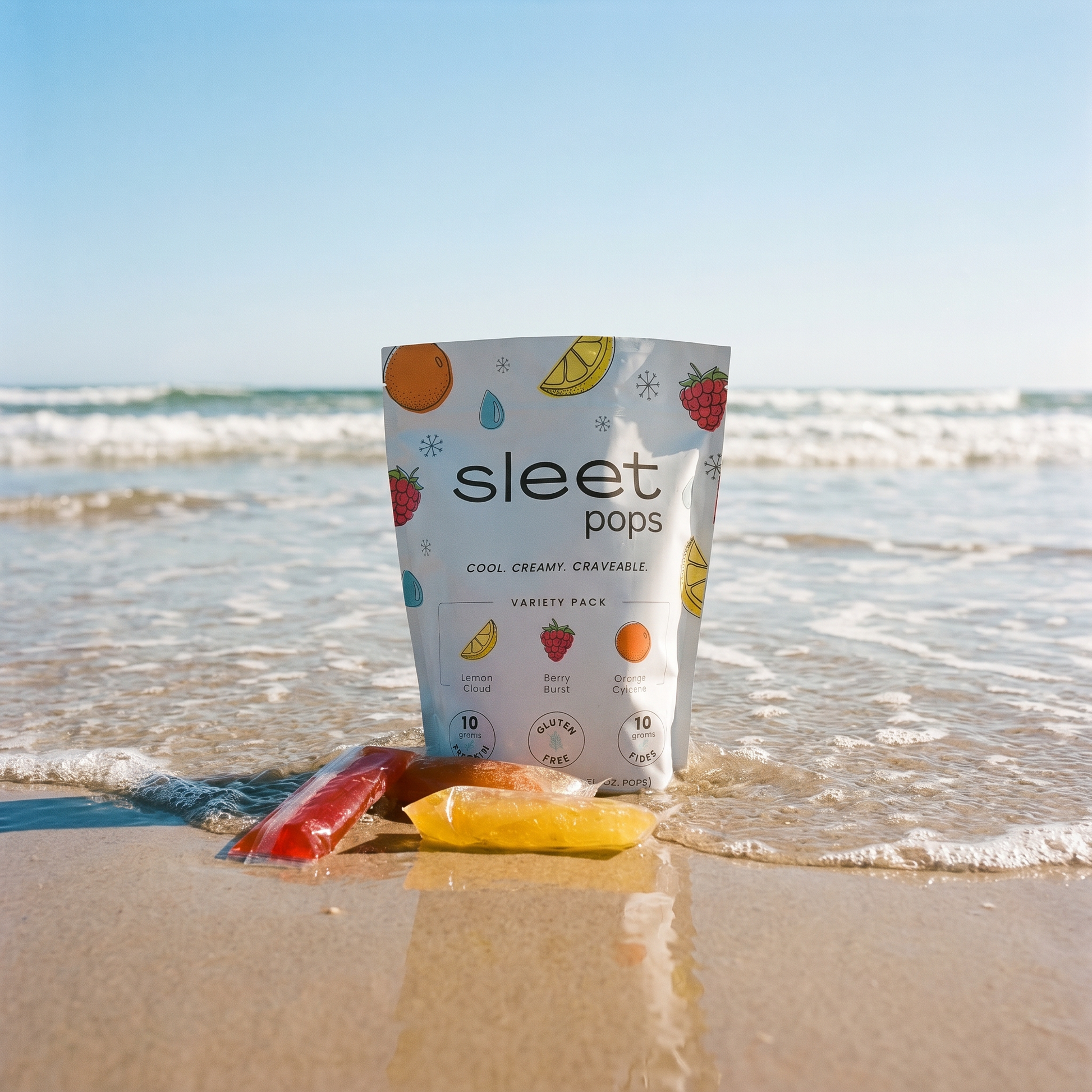 Sleet Pops packaging on a beach with ocean waves in the background