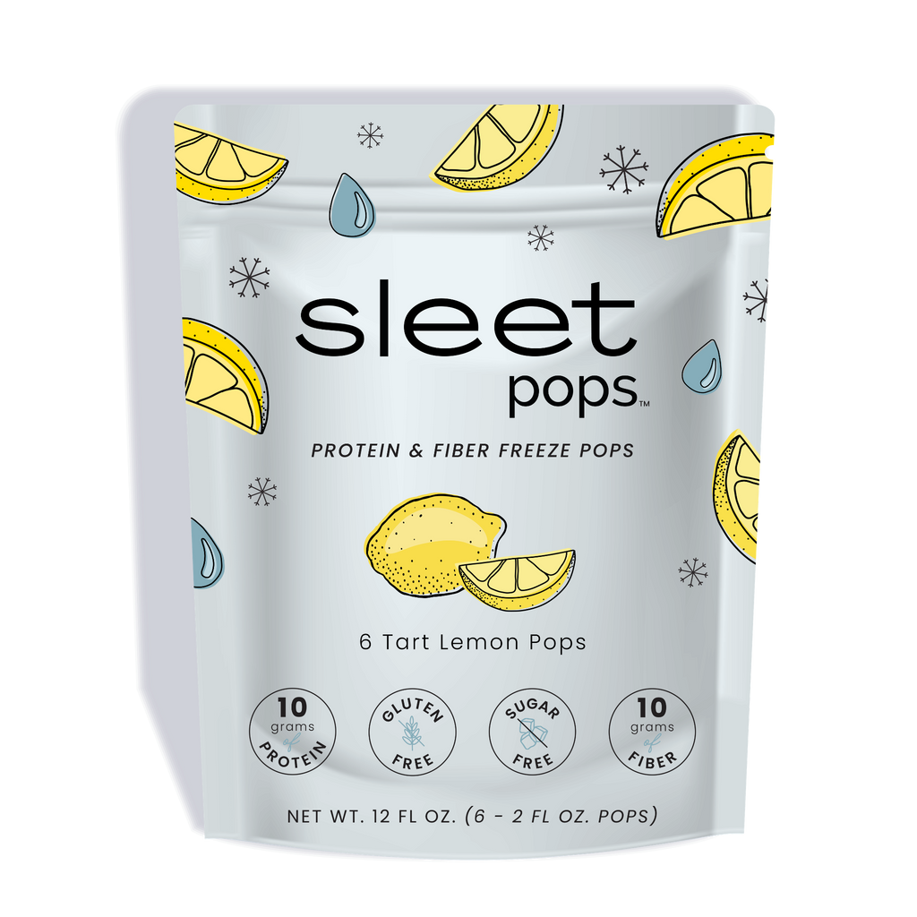 A stand-up pouch of Sleet Pops Protein & Fiber Freeze Pops in Tart Lemon Pops flavor, featuring a white background decorated with yellow lemon slices and blue accents.