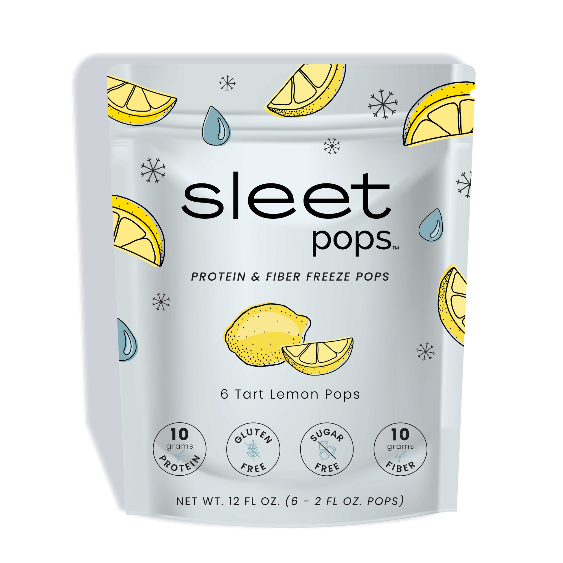 A stand-up pouch of Sleet Pops Protein & Fiber Freeze Pops in Tart Lemon Pops flavor, featuring a white background decorated with yellow lemon slices and blue accents.