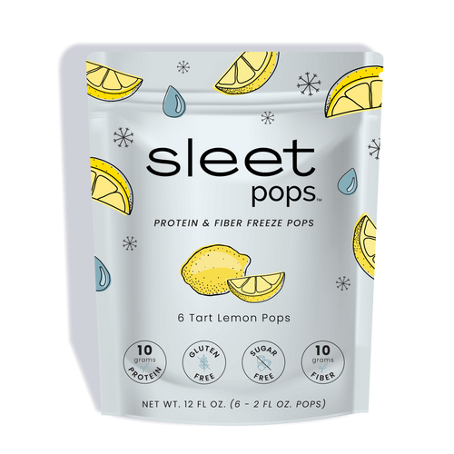 A stand-up pouch of Sleet Pops Protein & Fiber Freeze Pops in Tart Lemon Pops flavor, featuring a white background decorated with yellow lemon slices and blue accents.