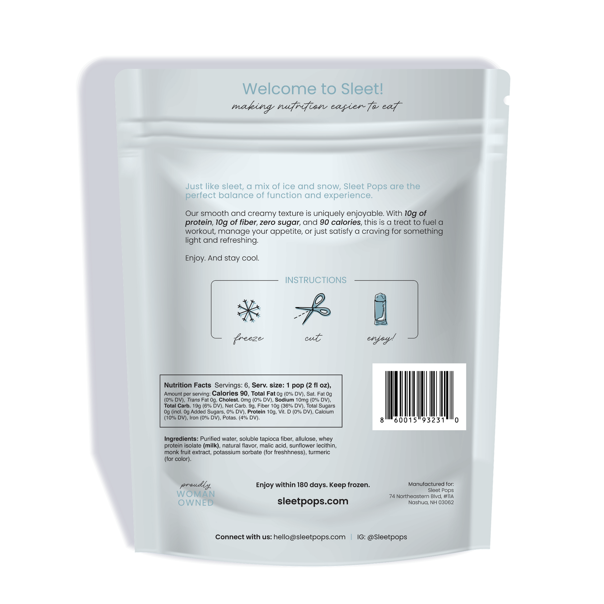 Back view of a Sleet Pops product pouch on a plain white background, showing printed instructions, nutrition facts, ingredients, and contact information.