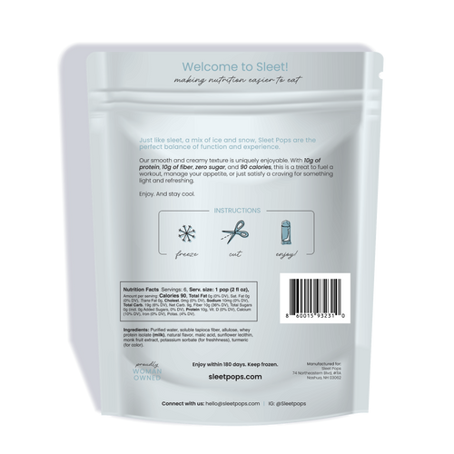 Back view of a Sleet Pops product pouch on a plain white background, showing printed instructions, nutrition facts, ingredients, and contact information.